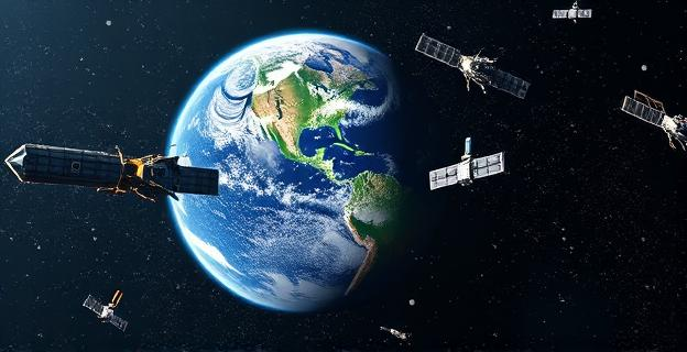 Imagen de la órbita terrestre con múltiples satélites y restos de cohetes alrededor de la Tierra, ilustrando la saturación espacial