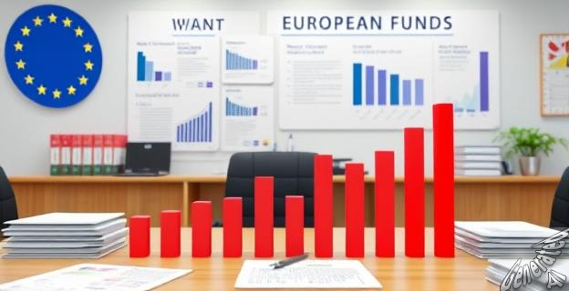 Imagen de una oficina gubernamental con documentos y gráficos relacionados con fondos europeos y estadísticas de empresas. Destacan cifras y gráficos de barras mostrando decrementos.