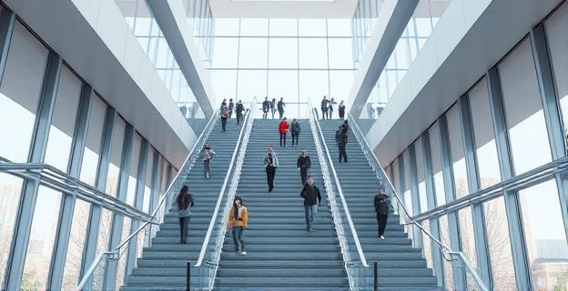 Escaleras en un edificio moderno con personas subiendo