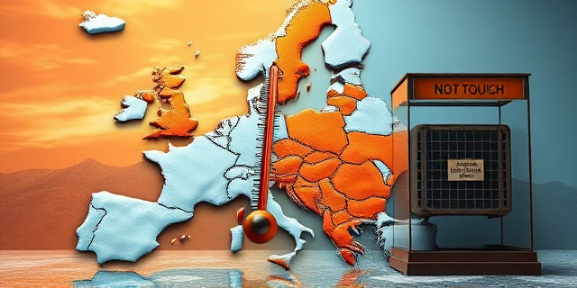 Una ilustración conceptual y satírica. Un termómetro gigante que atraviesa un mapa de Europa, donde la parte superior es un desierto ardiente y la parte inferior es un bloque de hielo. Al lado, un aire acondicionado antiguo y oxidado encerrado en una vitrina de museo con un cartel de 