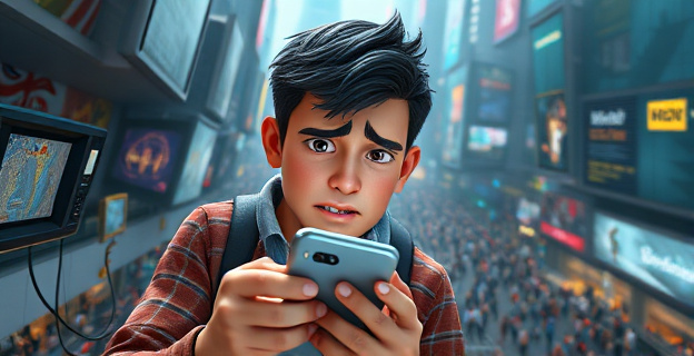 Una persona con el celular pegado a la mano, rodeada de pantallas y cables, con una expresión de ansiedad en su rostro. Al fondo, una ciudad bulliciosa y caótica que representa la sobreestimulación digital.