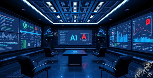 Sala de conferencias futurista con pantallas mostrando códigos de IA y gráficos científicos, sin personas presentes.