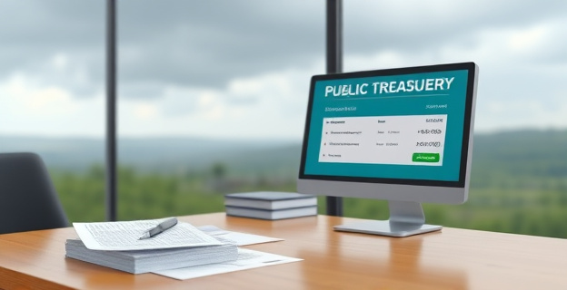 Una escena que muestra una mesa de despacho oficial con documentos y una pantalla de ordenador mostrando una cuenta bancaria del Tesoro Público. Al fondo, una imagen borrosa de un paisaje afectado por una dana.