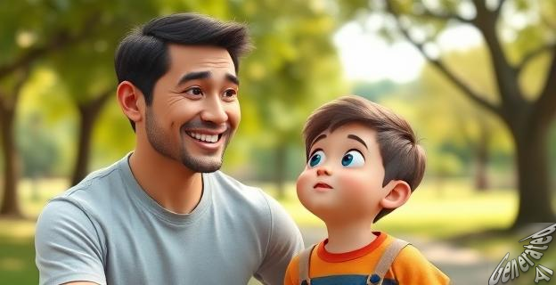 Una imagen de un padre y un hijo en un parque, con el padre sonriendo y poniendo un límite claro al hijo, quien mira hacia arriba con una mezcla de sorpresa y comprensión.