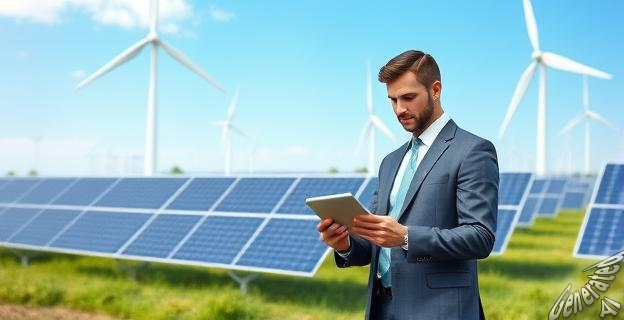 Gráfico de una central eléctrica con paneles solares y turbinas eólicas en el fondo, con un hombre de negocios mirando un gráfico de beneficios en una tableta.