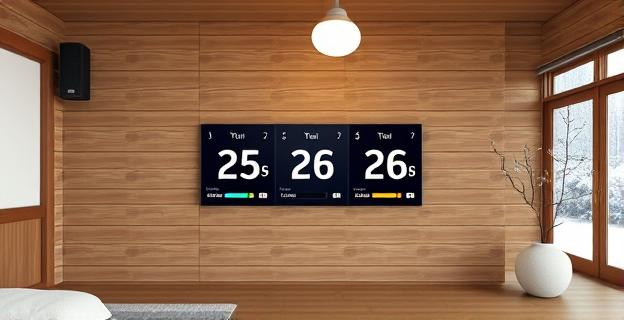 Una casa japonesa moderna con termostato y sistema de calefacción eficiente, mostrando diferentes horarios y temperaturas en un día de invierno