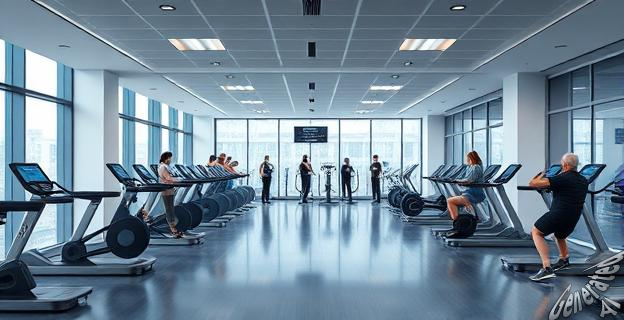 Imagen de un gimnasio moderno en una oficina gubernamental con personas haciendo ejercicio