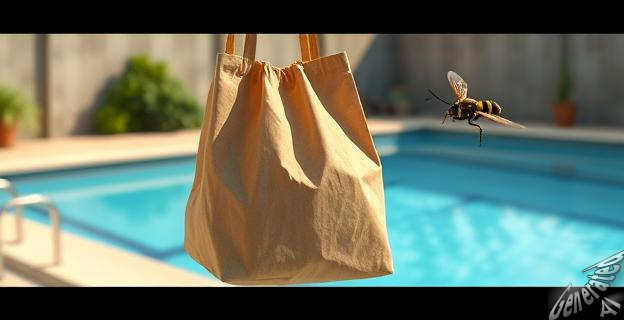 Una imagen de una bolsa de papel marrón arrugada colgada cerca de una piscina, con una avispa volando en la distancia.