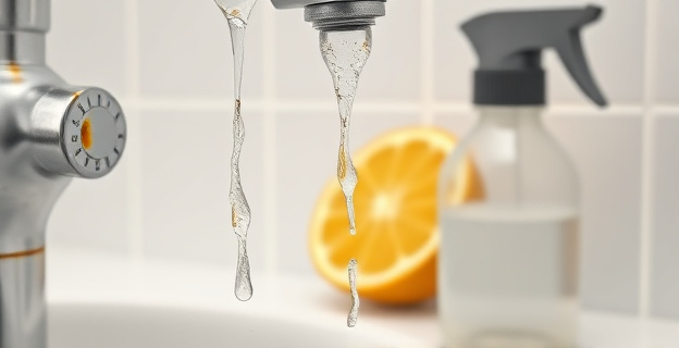Un primer plano de una canilla metálica con manchas de sarro blanco y óxido anaranjado, donde el agua gotea lentamente. Al lado, una botella atomizadora conteniendo una solución transparente y una rodaja de limón con sal gruesa. El fondo es un baño minimalista y limpio con azulejos blancos.