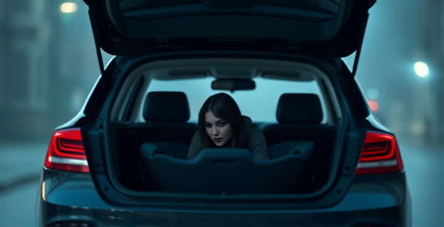 Imagen conceptual de una persona escondida en un maletero de coche, con un fondo difuso que sugiere clandestinidad y secretismo. El maletero está ligeramente entreabierto, dejando ver una figura femenina agachada en su interior. La escena está iluminada por una luz suave y ambiental que resalta el contraste entre la clandestinidad y la normalidad.