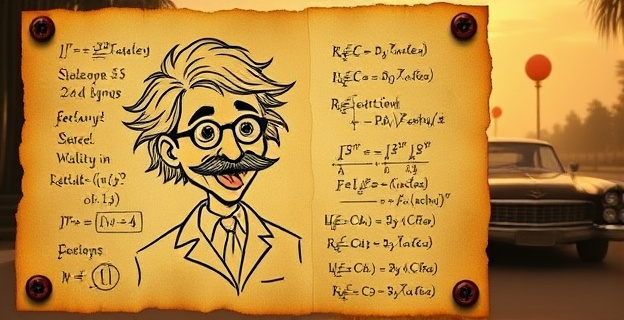 Un pergamino antiguo que muestra un boceto caricaturesco de una figura de cabello revuelto y bigote prominente, sacando la lengua, superpuesto sobre fórmulas científicas complejas y ecuaciones de la relatividad. El fondo sugiere un ambiente de celebración discreta con elementos vintage de los años 50, como una limusina clásica aparcada a lo lejos, pero sin personas. La escena irradia un espíritu de irreverencia y genialidad. La paleta de colores es cálida y envejecida, con tonos sepia y dorados.