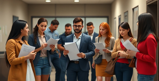 Imagen de un grupo de personas con documentación en la mano, en un contexto de una oficina de asilo o un centro de detención, con un fondo que sugiere la presencia de autoridades policiales.