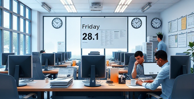 Una oficina con empleados trabajando intensamente un viernes por la mañana, con calendarios y relojes visibles marcando la proximidad del fin de semana.