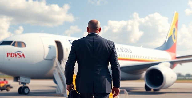 Imagen de un avión de PDVSA aterrizando en un aeropuerto de República Dominicana con un hombre de espaldas, vestido con traje, bajando de la aeronave mientras al fondo se ve el logo de la petrolera estatal venezolana.