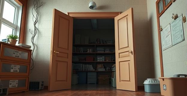 Un trastero en un edificio de viviendas con un fuerte olor saliendo de él. La puerta está abierta y se ven estanterías dentro. Hay una gran cantidad de objetos almacenados.