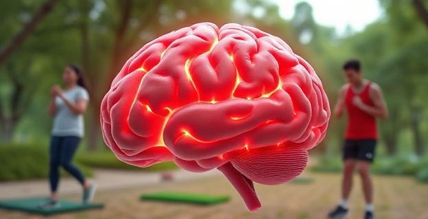 Imagen de un cerebro humano con conexiones neuronales brillantes y un fondo de personas haciendo ejercicio en un entorno natural