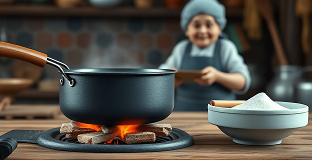 Una cocina tradicional con una sartén en el fuego, una cebolla rallada y un tazón con harina, con una abuela cocinera sonriente al fondo