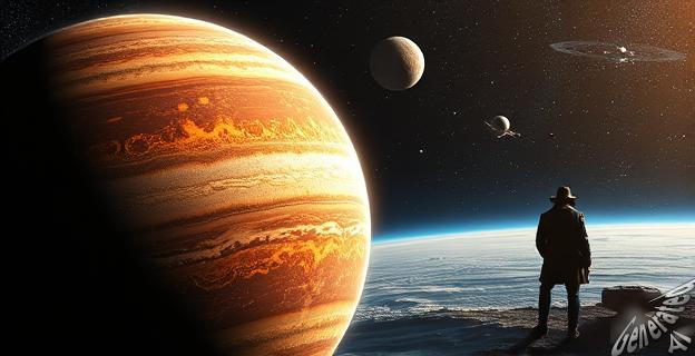 Una imagen de un planeta del Sistema Solar con una nave espacial y un detective en el fondo, con un cómic en primer plano.