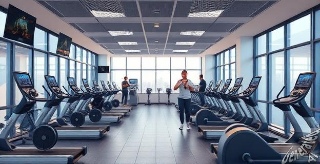 Un gimnasio en la sede del Ministerio de Transportes en Madrid con empleados haciendo ejercicio