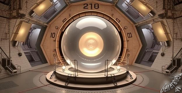 Ilustración de un gran detector de neutrinos subterráneo con una esfera acrílica gigante rodeada de tubos fotomultiplicadores en una instalación científica avanzada en China.