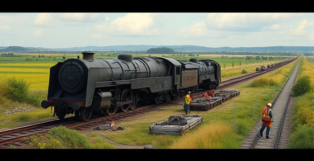 Una locomotora descarrilada en un paisaje rural con restos de vagones y piezas ferroviarias dispersas. Al fondo, operarios trabajando en la recuperación de la línea.