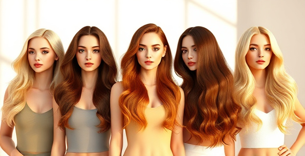 Un set de modelos posando en un estudio luminoso, cada uno con una melena que refleja uno de los cinco tonos de pelo de la primavera-verano 2026: un rubio cálido y suave, un marrón café ahumado, un tono cobrizo con matices dorados, un marrón chocolate con reflejos cenizos y un rubio beige meloso. La escena muestra luces cálidas y sombras suaves que resaltan la textura y el brillo natural del cabello, sin rostros de personas reales.