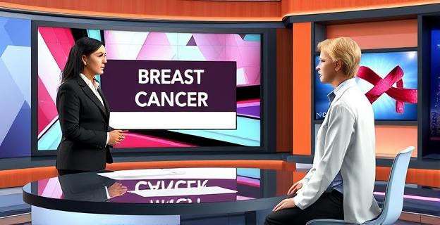 Imagen de un estudio de televisión con un presentador de noticias hablando con una invitada sin bata blanca, con un gráfico o rótulo al fondo relacionado con cáncer de mama