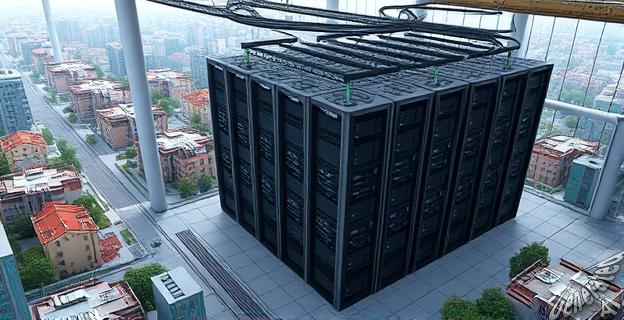 Una imagen de un centro de datos en la Comunidad de Madrid con servidores y cables de fibra óptica, rodeado de una ciudad bulliciosa