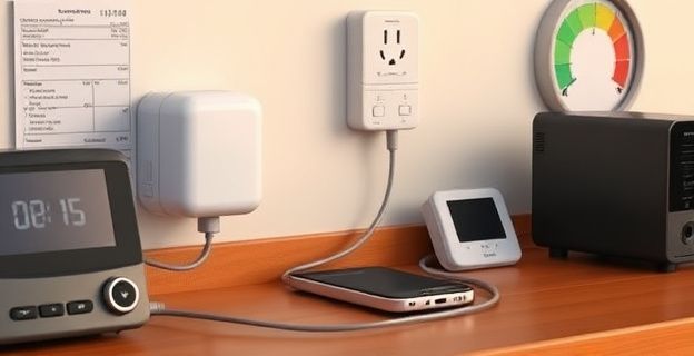 Un cargador de móvil enchufado a la pared con un teléfono desconectado a su lado, rodeado de otros dispositivos electrónicos en standby, con un fondo que muestra una factura eléctrica y un medidor de consumo energético.