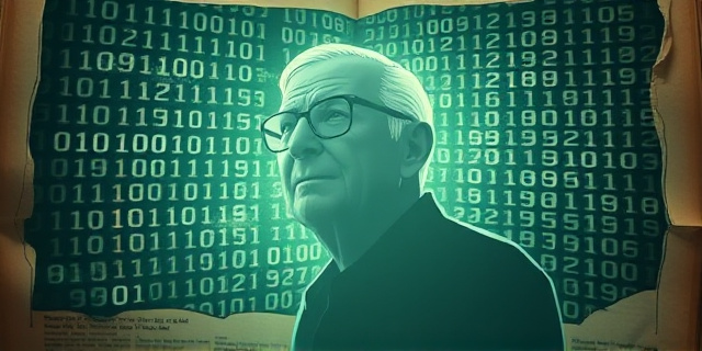 Una figura espectral, semitransparente con la silueta de un anciano con gafas, emergiendo de una pantalla digital llena de código binario. El fondo es un cómic descolorido y roto, con colores apagados y un estilo artístico que evoca la nostalgia y la melancolía.