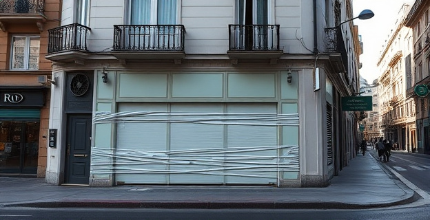 Un local tapiado en una calle céntrica de Madrid con una fachada recién enlucida y sin letreros, en un ambiente de misterio y secretismo