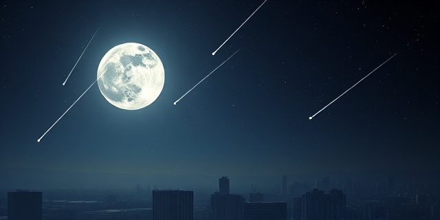 Noche estrellada con lluvia de meteoros sobre un horizonte urbano, luna llena iluminando parcialmente la escena, edificios que bloquean la vista de la luna, constelación de Acuario visible en el cielo, polvo de cometa. No caras reales.