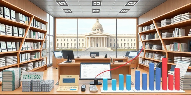 Una oficina de contratación pública con estanterías llenas de contratos, sobre mesas de cálculo gigantes, rodeada de gráficos de barras y líneas que indican la frecuencia de recursos, sin rostros reales, con una vista panorámica de un edificio gubernamental en el fondo.