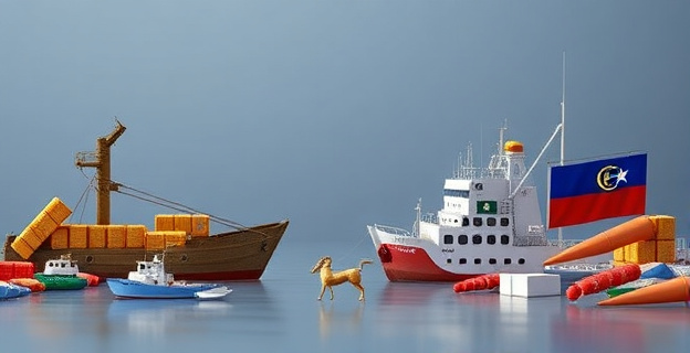 Una imagen conceptual que represente la tensión entre la industria conservera gallega y las importaciones de productos del mar de Marruecos y Chile, con elementos que simbolicen la competencia y la sostenibilidad