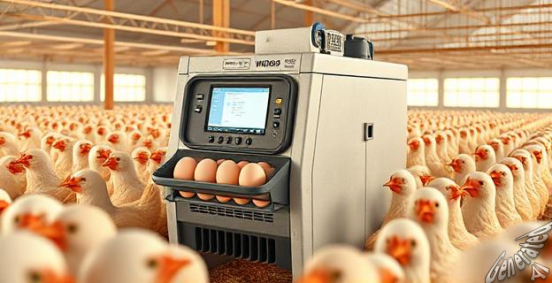 Una granja avícola con una máquina de clasificación de huevos que funciona con Windows 95 en una pantalla antigua, rodeada de huevos y equipo agrícola.
