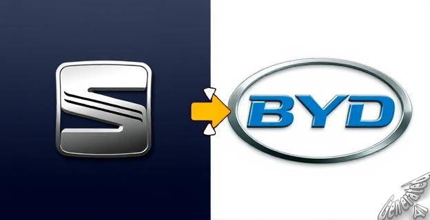  Imagen de un logo de SEAT junto a un logo de BYD con un símbolo de alerta de confusión entre marcas en el centro