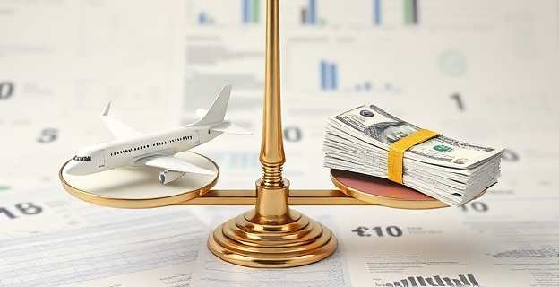 Imagen conceptual de una balanza con un avión en un platillo y un fajo de billetes en el otro, sobre un fondo de documentos financieros y políticos.