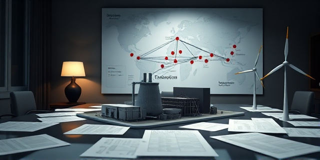 Un despacho gubernamental iluminado con luz tenue, donde papeles y diagramas de la red eléctrica se extienden sobre una mesa. En el fondo, un gran mapa con puntos marcados que representan nudos de transición justa y líneas que conectan centrales nucleares con sus redes de distribución. Sobre la mesa, un modelo 3D de una central nuclear y un conjunto de turbinas eólicas apuntando al horizonte, simbolizando la transición energética. La escena transmite tensión y planificación estratégica.