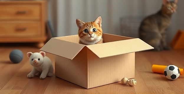 Una caja de cartón en un suelo de madera, con un gato dentro, mirando hacia afuera con cautela. La caja está ligeramente inclinada, mostrando su interior acogedor. Alrededor, juguetes y objetos que reflejan la vida cotidiana de un gato doméstico.