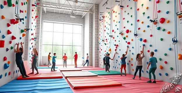 Una imagen vibrante de un rocódromo interior con rutas de escalada coloridas, anclajes y colchonetas de seguridad. Varias personas de diferentes edades interactúan con las paredes, mostrando concentración y agilidad. La luz entra por grandes ventanales, iluminando el espacio. El ambiente es dinámico y saludable, sin rostros identificables.