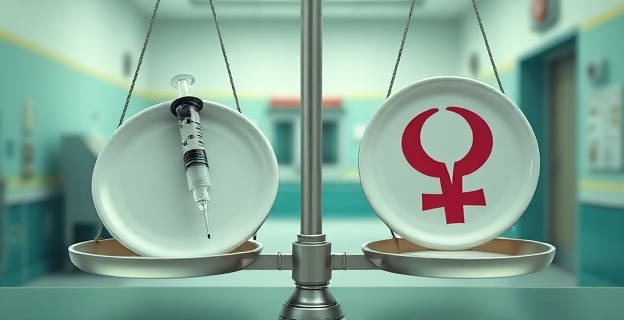 Una balanza con una jeringuilla de eutanasia en un plato y un símbolo de aborto en el otro, con un fondo de un hospital público español
