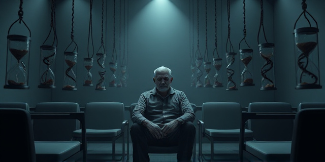 Un hombre de mediana edad sentado en una sala de espera, rodeado de sombras que se alargan como cuerdas, con relojes de arena flotantes y cadenas de ADN entrelazadas, reflejando la tensión social y el envejecimiento acelerado. La atmósfera es gris y opresiva, con luces tenues que resaltan la sensación de estar atrapado en un ciclo de drama que consume el tiempo biológico.