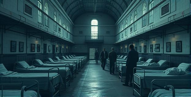 Un manicomio del siglo XIX con pacientes y visitantes en los pabellones, con una atmósfera de abandono y crueldad
