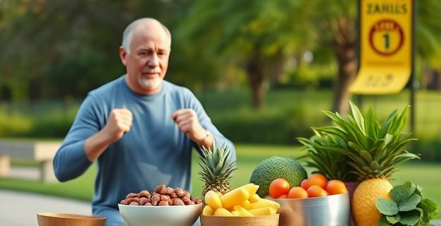 Imagen de un hombre mayor de 40 años realizando ejercicio al aire libre, con alimentos saludables como frutas, verduras y frutos secos en primer plano.