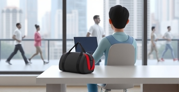 Una imagen de una persona sentada en un escritorio, con una mochila de deporte al lado, simbolizando el contraste entre el ejercicio y el sedentarismo. Al fondo, una ventana muestra un paisaje urbano con personas moviéndose activamente.