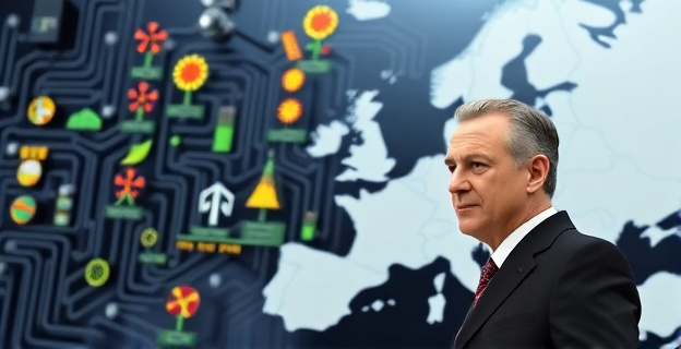 Imagen de una red energética compleja con símbolos de energías renovables al fondo, mientras en primer plano se ve una figura representativa de un líder político (sin rostro específico) hablando con determinación, con un mapa de Europa detrás.