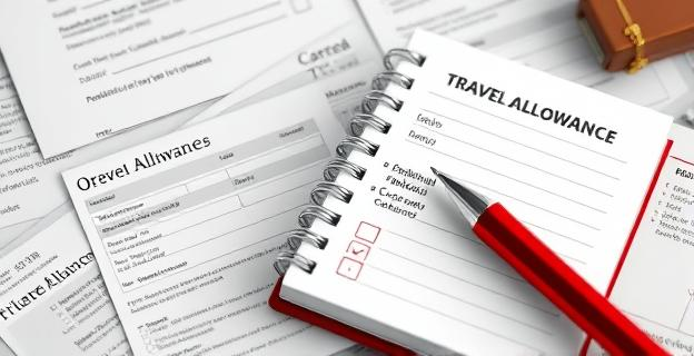 Una imagen de una tarjeta de gastos oficial junto a un cuaderno de dietas de viaje con un bolígrafo rojo haciendo una marca de verificación en una de las páginas, sobre un fondo de documentos parlamentarios.