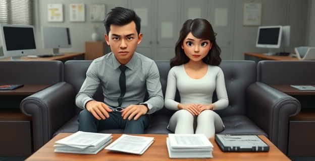 Una pareja esposada sentada en un sofá, rodeada de papeles y dispositivos electrónicos, con una expresión de culpabilidad. Al fondo, un ambiente de oficina con computadoras y archivadores.