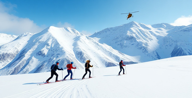 Imagen de una montaña nevada con un grupo de personas realizando esquí de fondo, con una avalancha al fondo y un helicóptero de rescate en el cielo