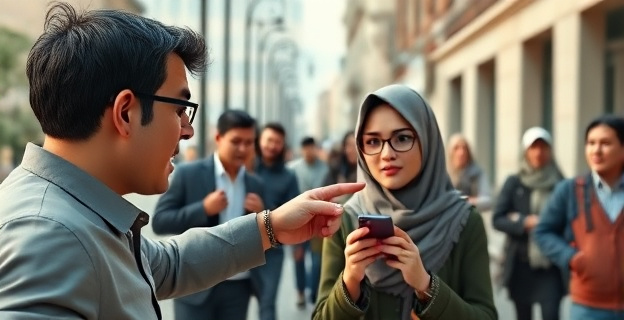 Una escena callejera donde una mujer con hiyab es increpada por un hombre que muestra gestos agresivos y de desprecio mientras otros transeúntes observan. El hombre tiene una expresión de ira y está señalando a la mujer con el dedo. Al fondo, se ve un teléfono móvil en la mano de la mujer, sugiriendo que está grabando el momento.